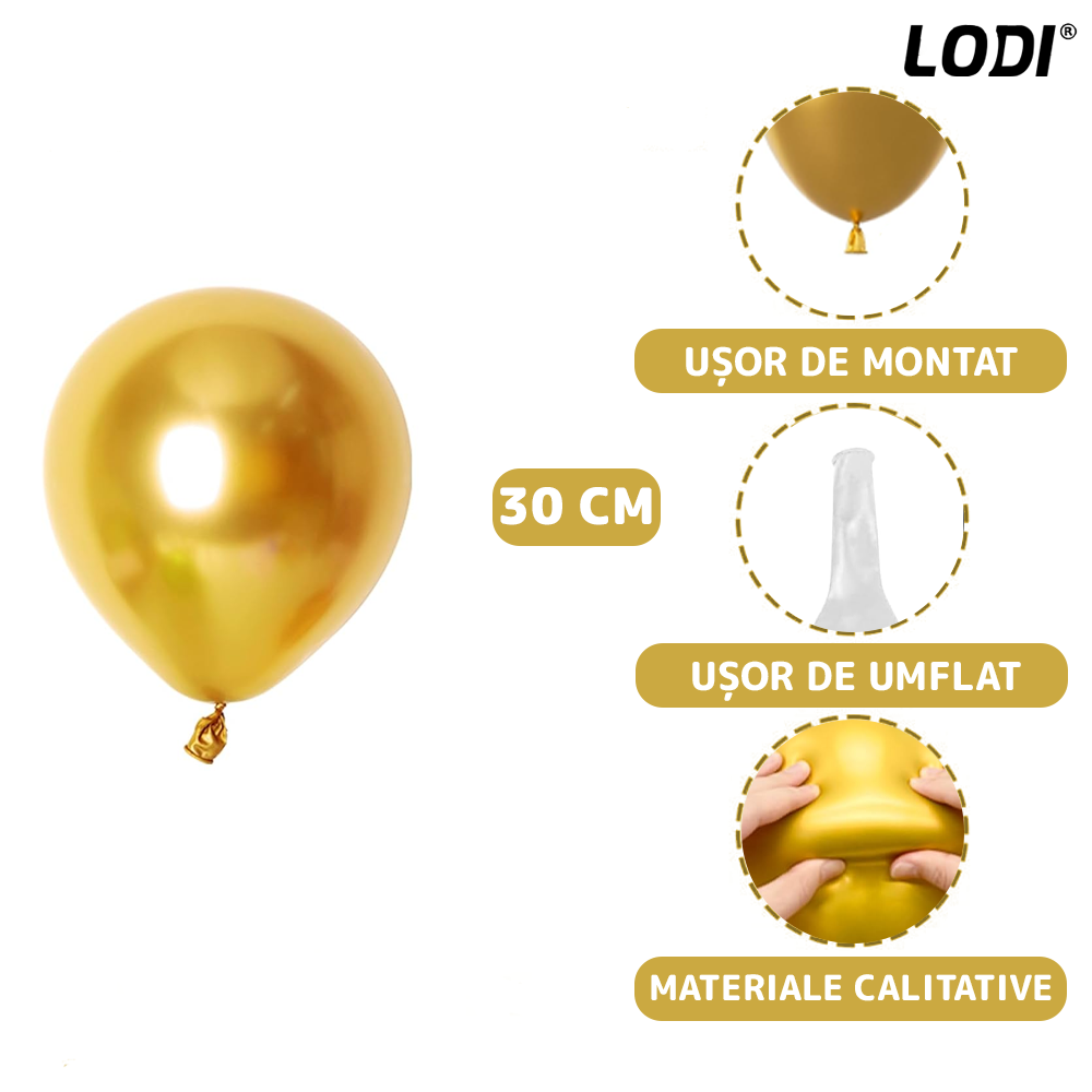 Set 105 Baloane Lodi1489, Tip Arcada, pentru Petreceri/Aniversari/Evenimente, diverse modele, umplute cu confetti, latex, alb/auriu