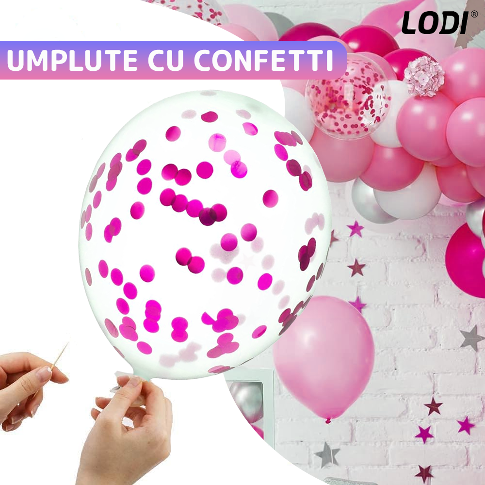 Set 25 Baloane Lodi1042, Litere, pentru Petreceri/Aniversari/Evenimente, confetti, stelute, model HAPPY BIRTHDAY, roz/mov/alb