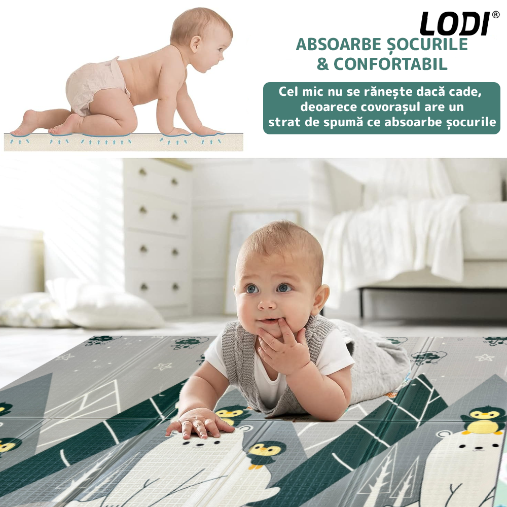 Covoras de Joaca pentru Copii Lodi662, 2 fete, termic, anti-derapant, pliabil, protectie impotriva loviturilor, animalute si munti, 200x180cm, grosime 1 cm, multicolor