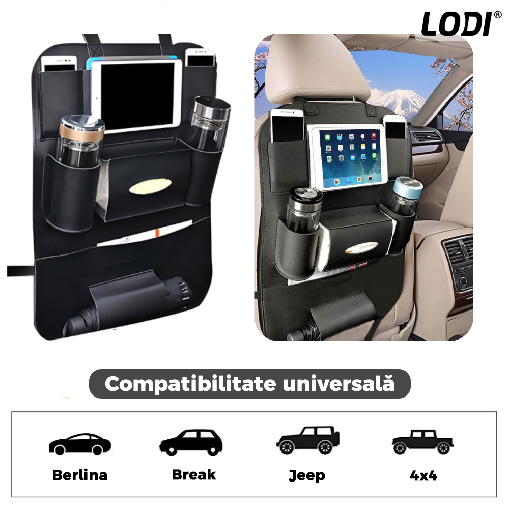Organizator pentru Scaun Auto Lodi136, 9 Compartimente, multifunctional, universal, suport tableta si telefon, suport servetele, negru