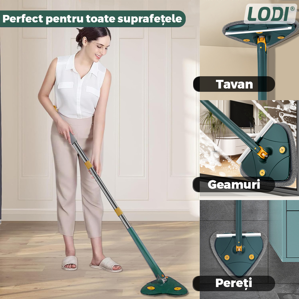 Mop cu Cap in Forma de Inima Lodi1158, rotire 360 grade, telescopic, curatare usoara, 127 cm, verde/galben