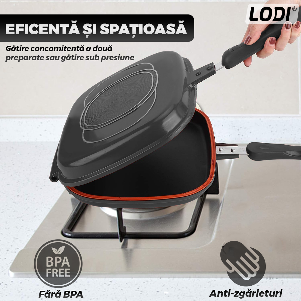 Tigaie Dubla cu Presiune Lodi1295, doua fete, pliabila, pluristratificata, invelis din ceramica, pentru griil sau gatit clasic, negru