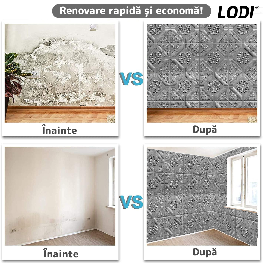 Set 10x Tapet 3D Lodi779, suprafata acoperire 4.9 mp, autoadeziv, Model Floral Carou, perete/tavan, waterproof, usor de montat, design modern, 70x70 cm, gri