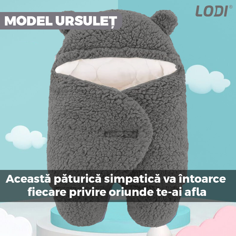 Paturica Pufoasa pentru Bebe Lodi500, calduroasa, in forma de ursulet pentru infasat bebelusi, prindere velcro, 0-6 luni, gri inchis
