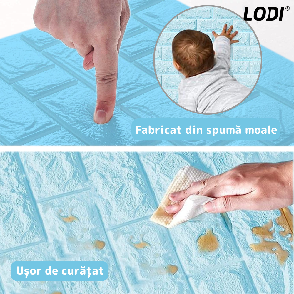 Set Tapet Caramida 3D Lodi52, suprafata acoperire 5.3 mp, autoadeziv, waterproof, usor de montat, design modern, 70x77 cm, albastru