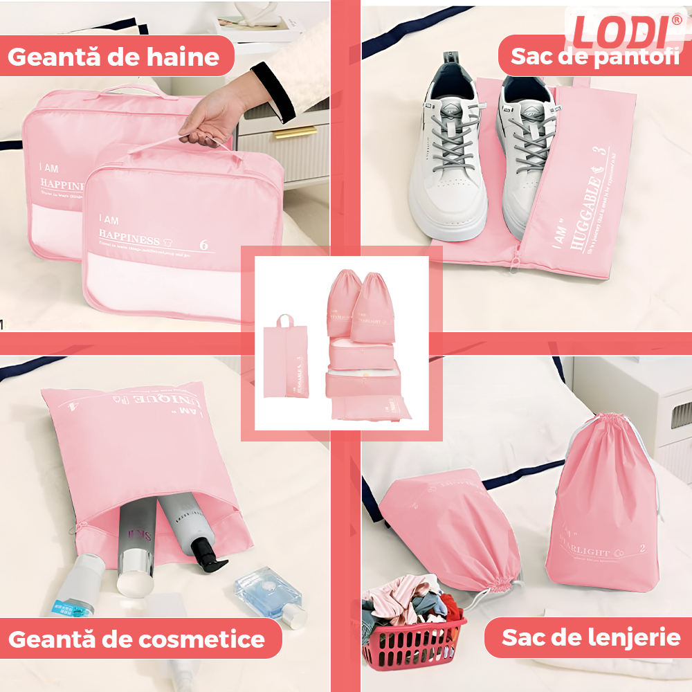 Set 6 Organizatoare Lodi1240, pentru calatorie, diferite marimi, bagaj de voiaj, valiza, troler, genti, haine, accesorii, inchidere cu fermoar dublu, plasa, roz