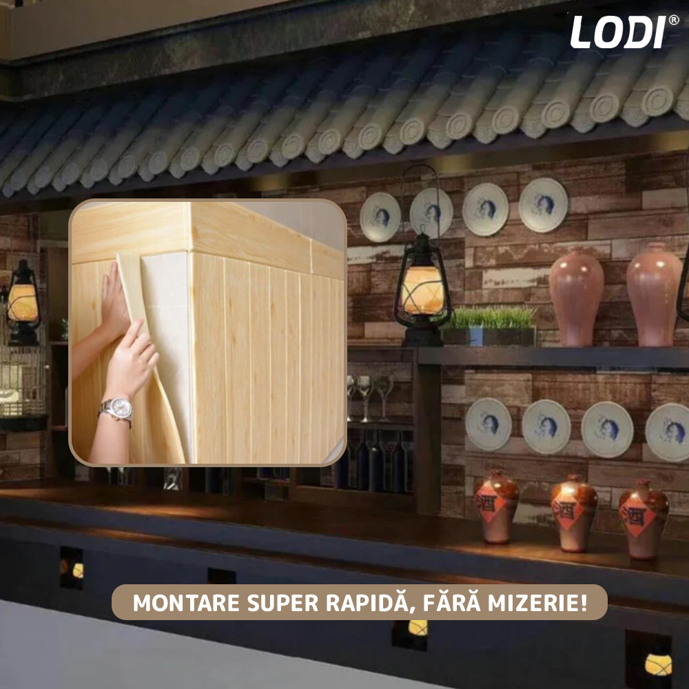 Set Tapet Panou 3D Lodi133, Model Lemn, suprafata acoperire 4.9 mp, autoadeziv, waterproof, usor de montat, design modern, 70x70 cm, maro