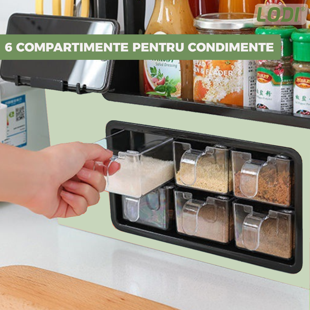 Organizator Multifunctional pentru Bucatarie Lodi683, 6 Compartimente, raft condimente, suport detasabil telefon, tavita de scurgere, suport tacamuri/ustensile, verde deschis