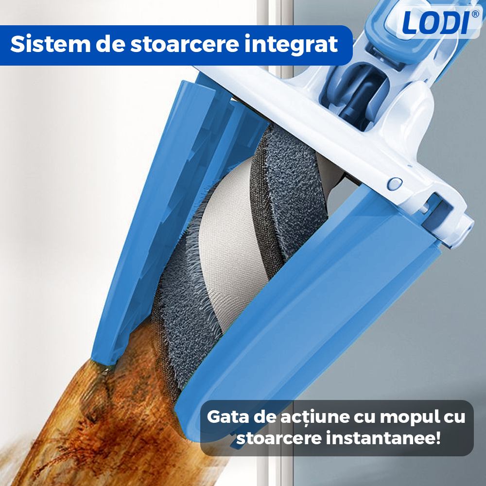 Mop cu Cap in Forma de X Lodi1147, rotire 360 grade, telescopic, curatare usoara, 5 lavete incluse, 123 cm, albastru deschis