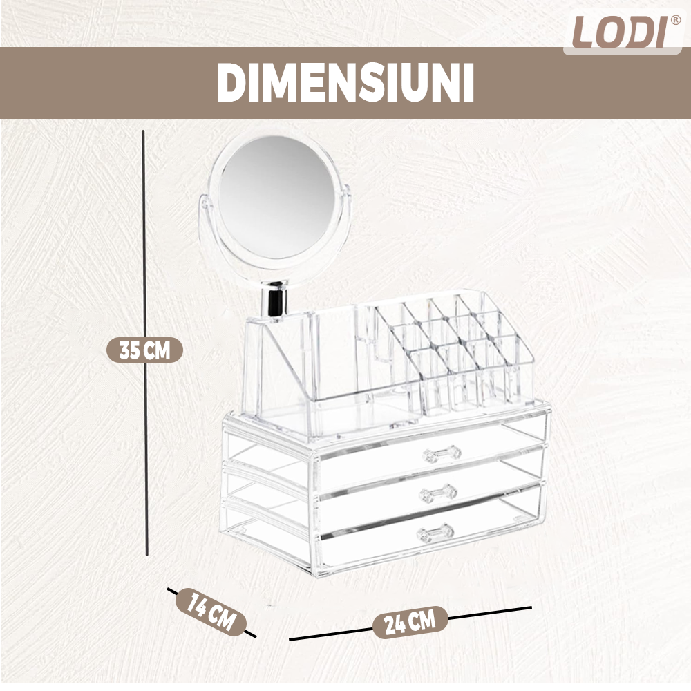 Organizator Cutie Depozitare pentru Produse Cosmetice Lodi472, bijuterii si alte obiecte, 3 sertare, oglinda incorporata, piese detasabile, transparent, 24 x 35 cm