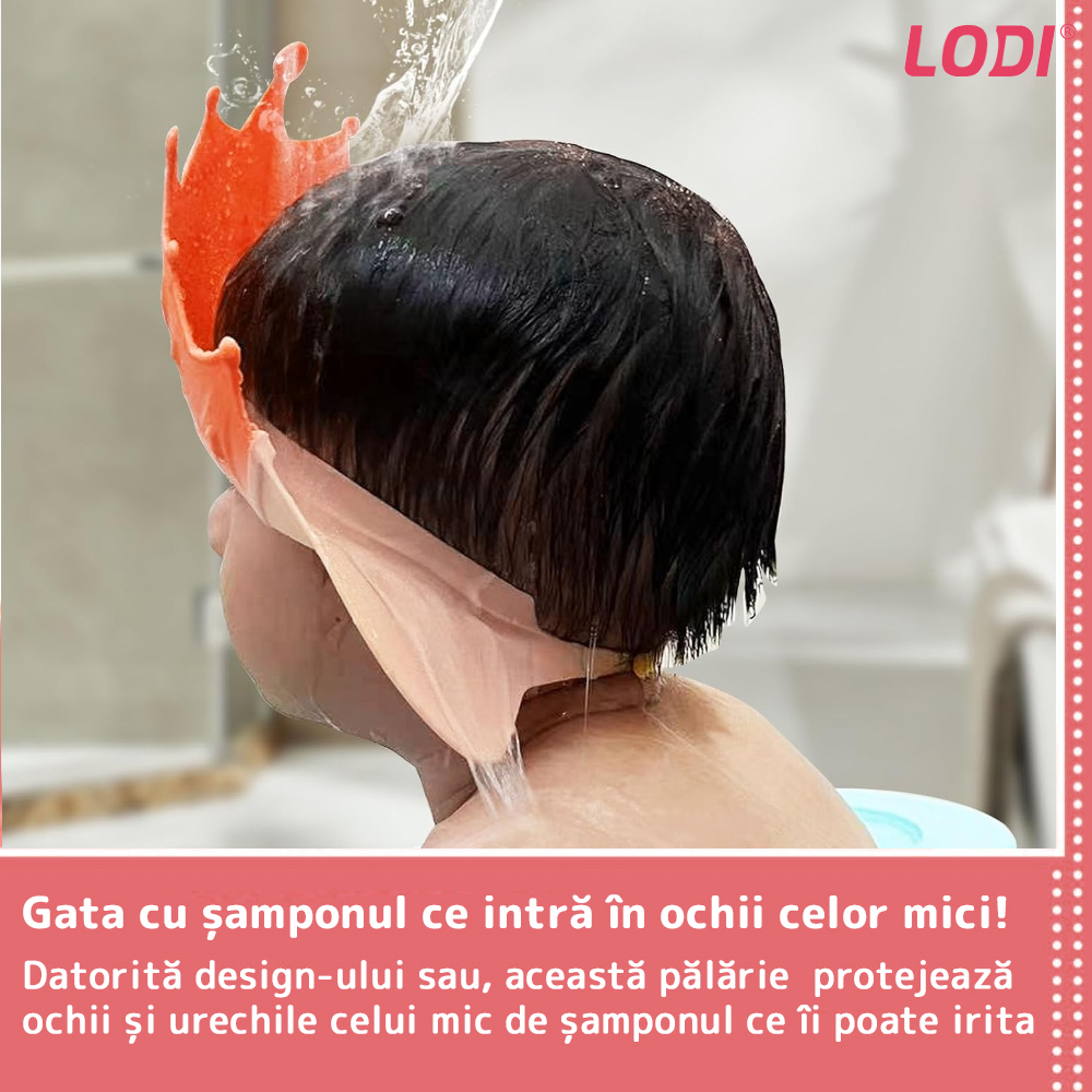 Palarie de Baie pentru Copii Lodi310, protectie impotriva samponului pentru ochi si urechi, reglabila, forma coroana rege/regina, roz