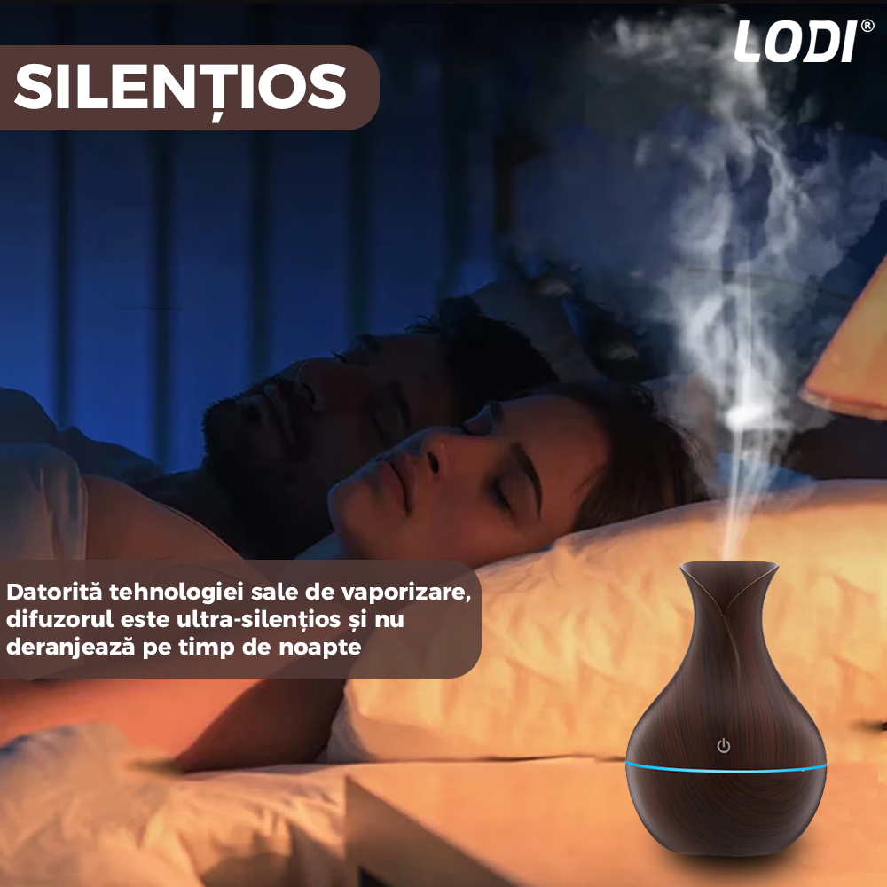 Difuzor Aromaterapie Lodi220, lumini ambientale, control tactil, capacitate 200ml, silentios, rezerva inclusa, alimentare USB, umidifica aerul, stejar inchis