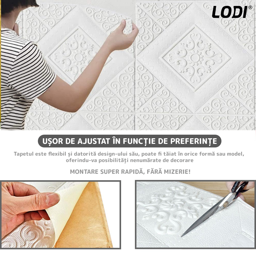 Set Tapet Mic 3D Lodi110, suprafata acoperire 3.06 mp, autoadeziv, perete/tavan, model floare, waterproof, usor de montat, design modern, 35x35 cm, alb