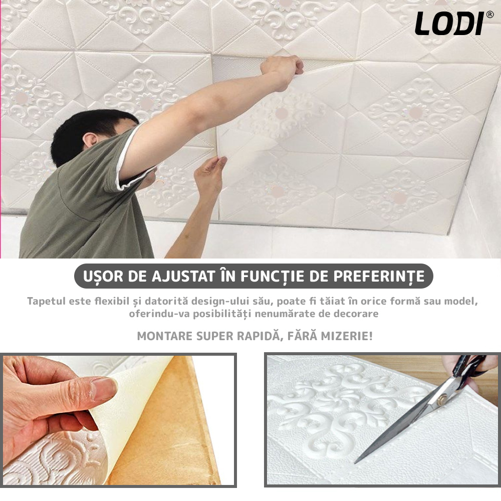 Set Tapet 3D Lodi115, suprafata acoperire 4.9 mp, autoadeziv, perete/tavan, model floral, waterproof, usor de montat, design modern, 70x70 cm, alb