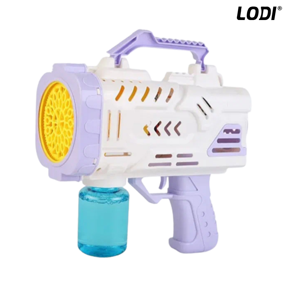 Pistol de Facut Baloane Bubble Gun Lodi67, tip Bazooka, automat, rezerva incluse, alimentare cu baterii, alb/mov