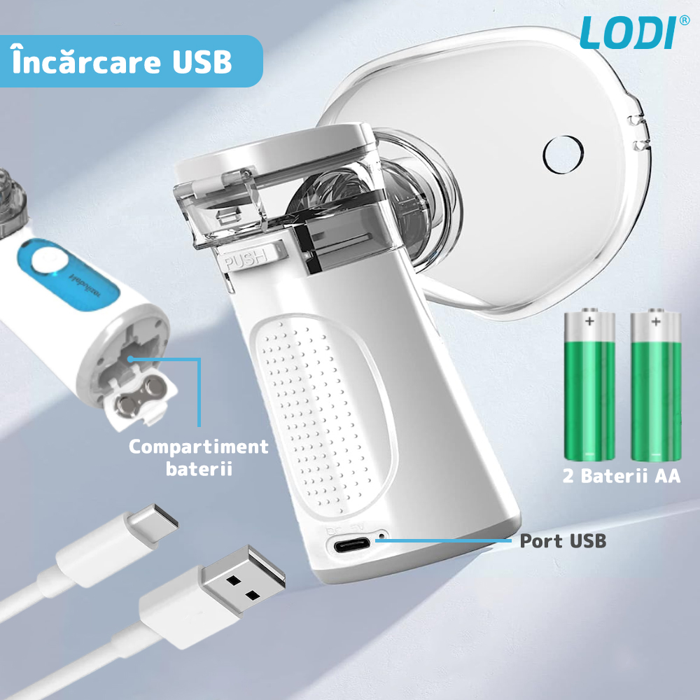 Aparat Aerosoli Lodi36 Nebulizator portabil ultrasonic, accesorii incluse, tehnologie mesh, 0.4ml/min, silentios, alb