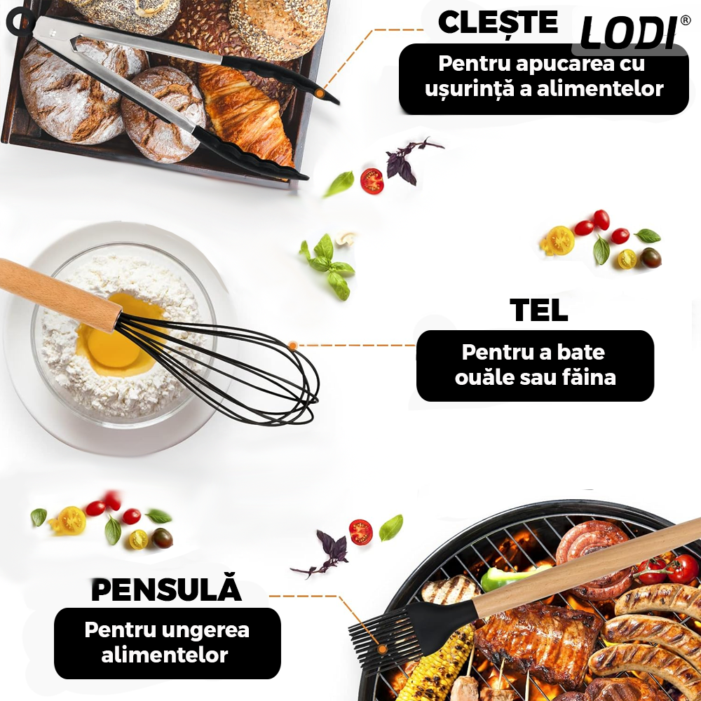 Set Ustensile Bucatarie 12 Piese Silicon Alimentar Lodi622, termorezistente, antiaderente, sigure, suport inox, negru
