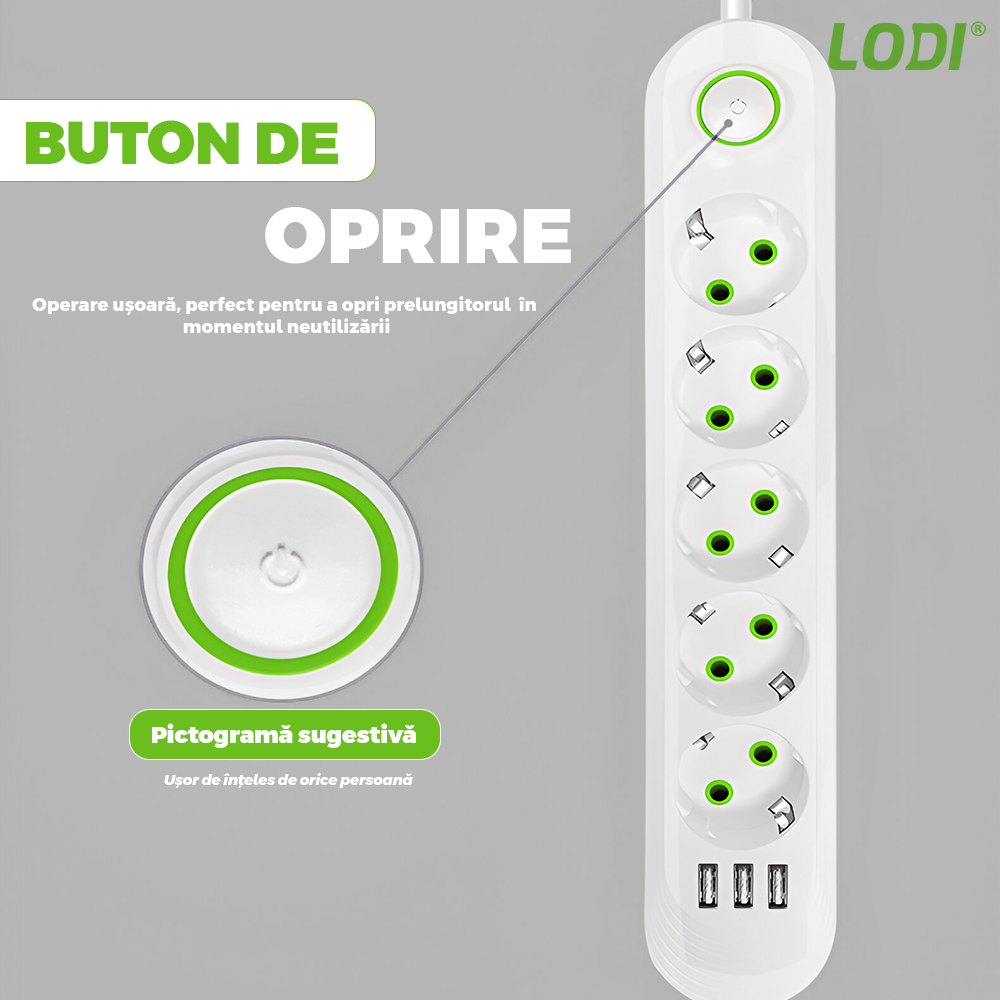 Prelungitor Lodi1278, 5 prize, 3 porturi USB, intrerupator, suport de agatare incorporat, rezistent la temperaturi inalte, universal, lungime 3 metri, alb