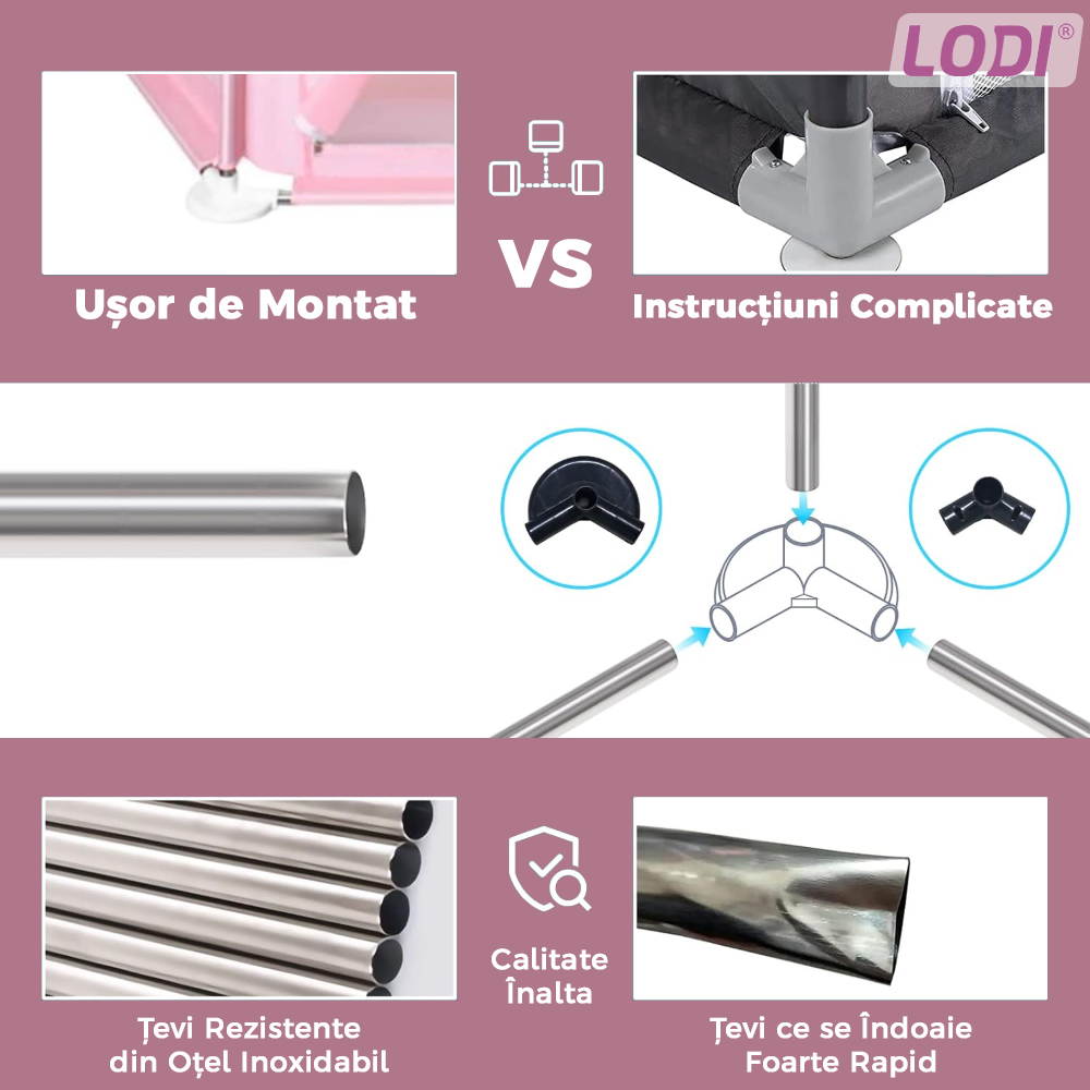 Tarc pentru Copii Lodi297, usa cu fermoar exterior, plasa, materiale calitative, usor de montat, dimensiuni 125x110x65, roz