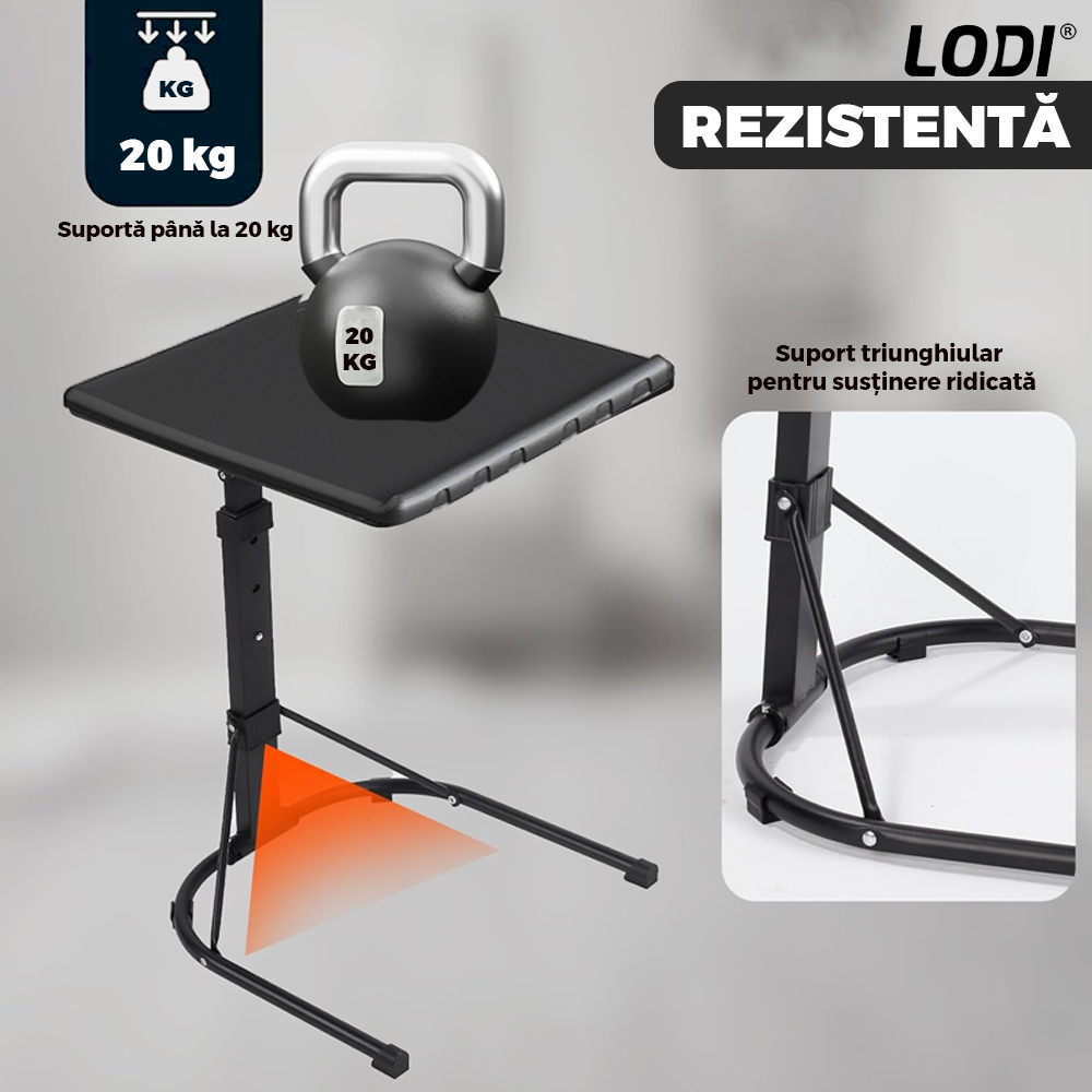 Masa Laptop Multifunctionala Lodi626, patrata, 3 trepte de inaltime, unghi ajustabil, cadru metalic, rezistenta, negru, 43 x 43 cm