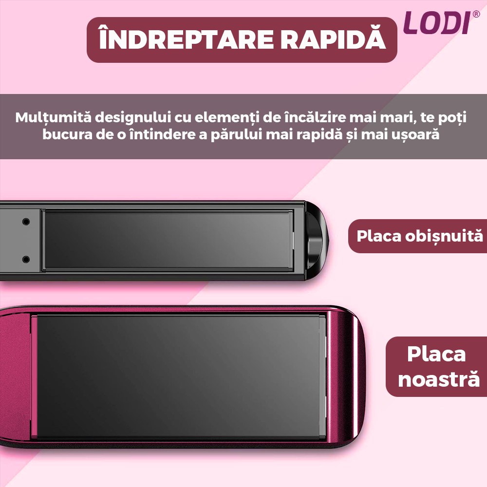 Placa profesionala de indreptat parul Lodi455, invelis ceramic, 5 trepte de temperatura, easy lock, setarea temperaturii, 230°, roz