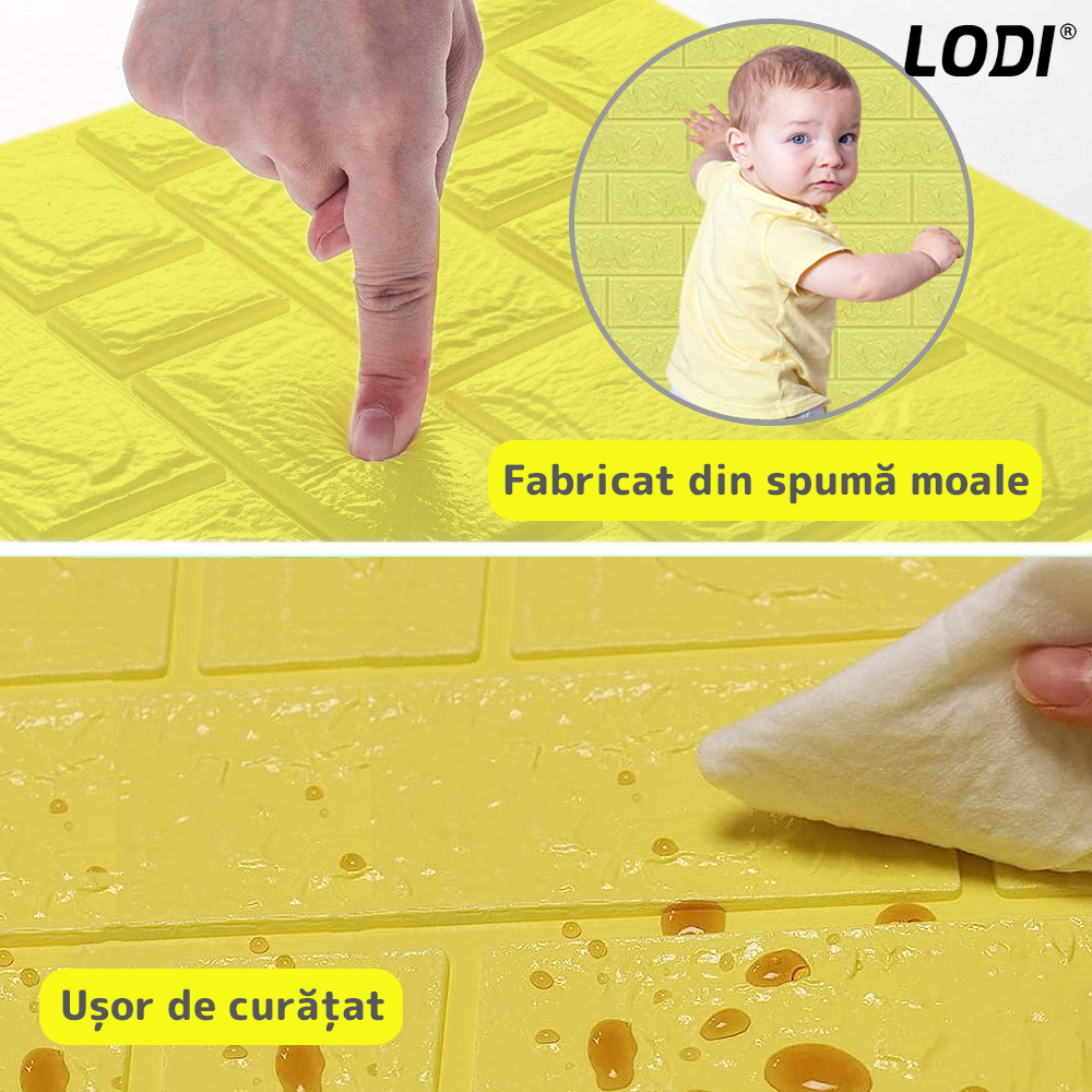 Set Tapet Caramida 3D Lodi55, suprafata acoperire 5.3 mp, autoadeziv, waterproof, usor de montat, design modern, 70x77 cm, galben