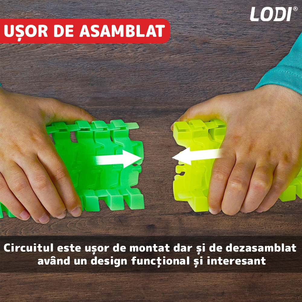 Circuit Masinute Lodi517, 56 piese, pista iluminata configurabila, fosforescenta, masinuta cu lumini rosie, multicolor