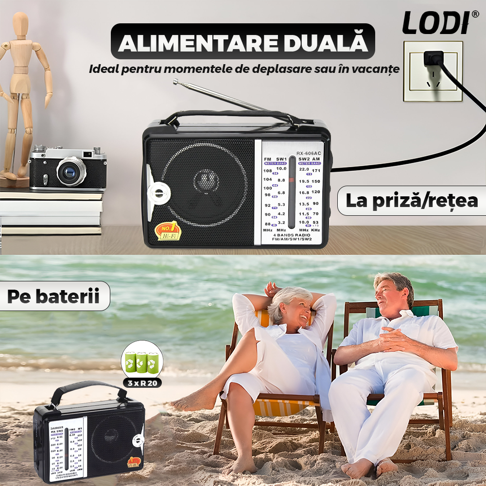 Radio Portabil Lodi1418, FM/AM/SW1/SW2, mod dual de alimentare, baterii/la priza, receptie ridicata ce prinde posturi regionale/la sate, negru