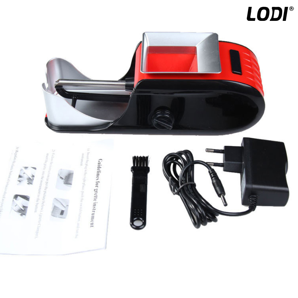 Aparat Electric de Facut Tigari Lodi271, 3 niveluri de maruntire, injector de tutun, dimensiune standard, ergonomic, accesorii incluse, rosu/negru