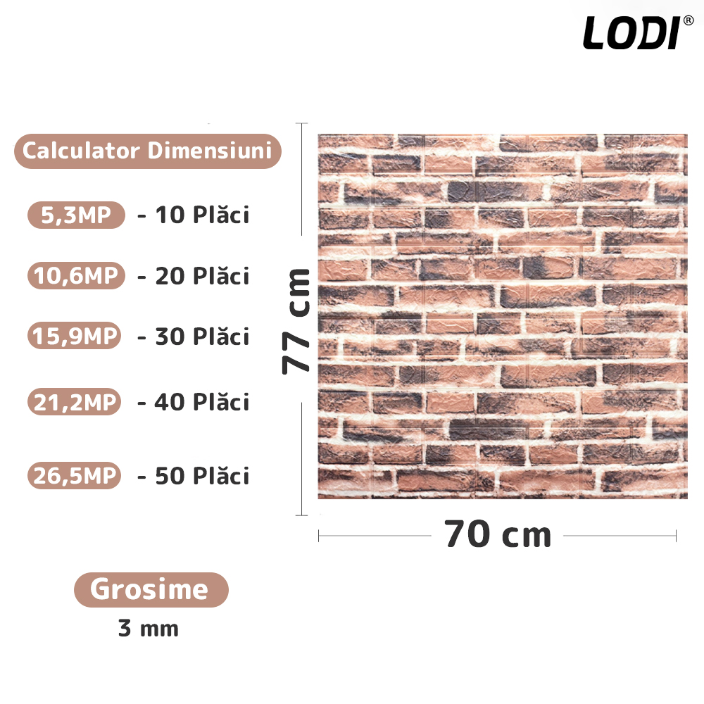 Set Tapet Caramida 3D Lodi80, Model Piatra Dreptunghiulara, suprafata acoperire 5.3 mp, autoadeziv, waterproof, usor de montat, design modern, 70x77 cm, multicolor