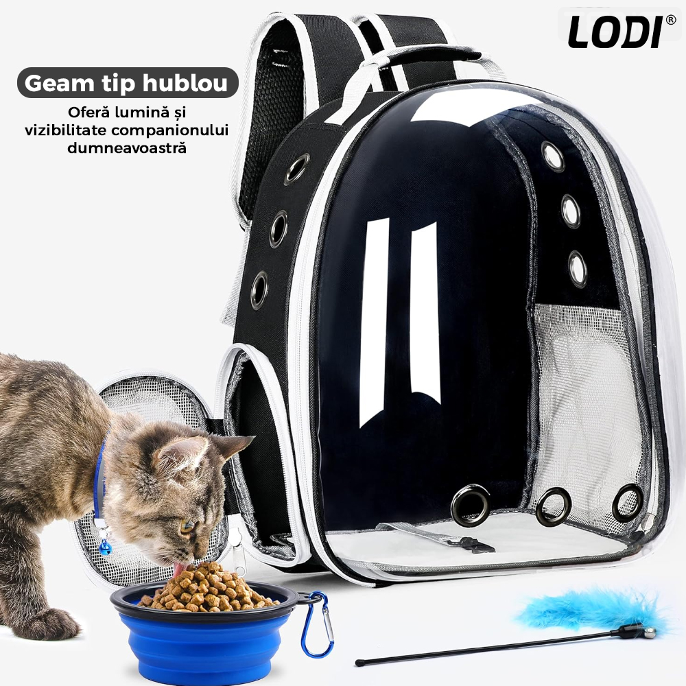 Rucsac Transport Animale Lodi372, greutate Max 7kg, hublou panoramic transparent, buzunar lateral, 2 iesiri, pentru talie mica, negru