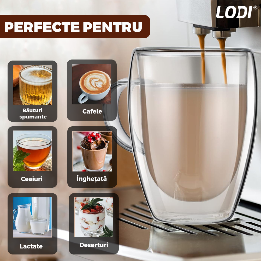 Set 4 Cani de Sticla cu Perete Dublu Lodi859, model rotund, design modern, termorezistente, capacitate 350 ml, 12 x 9 cm