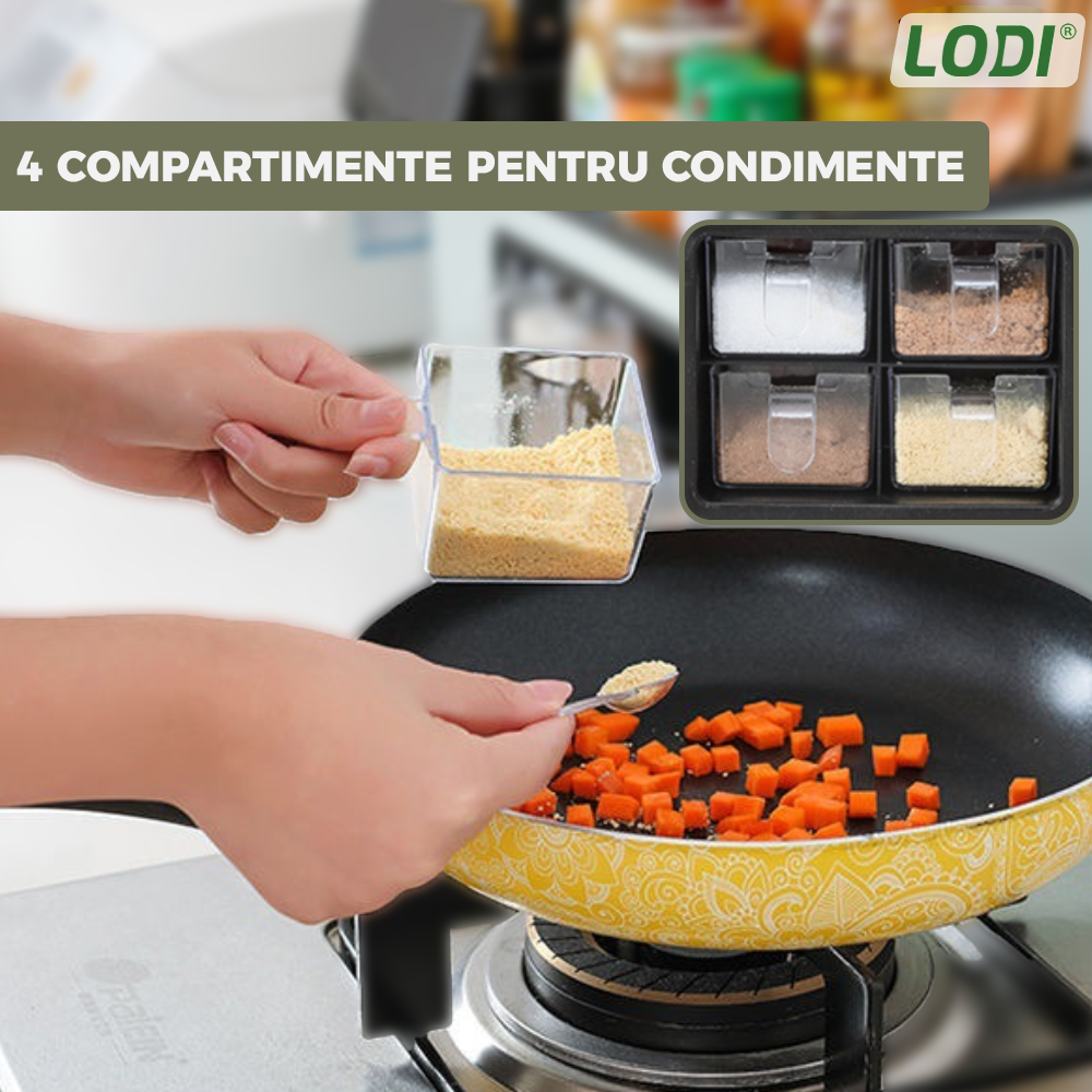 Organizator Multifunctional pentru Bucatarie Lodi536, 4 Compartimente, raft condimente, suport detasabil telefon, tavita de scurgere, suport tacamuri/ustensile, verde deschis