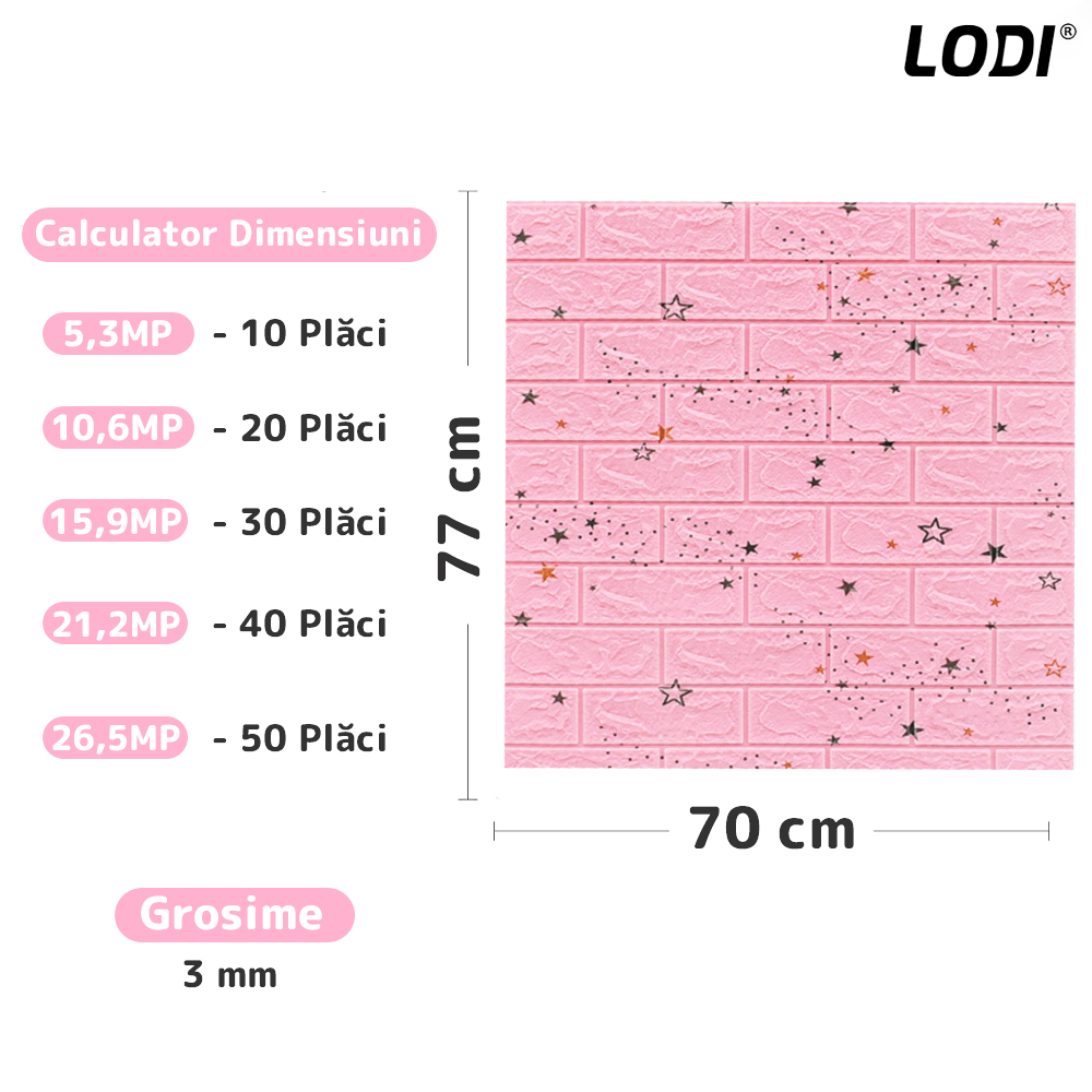 Set Tapet Caramida 3D Lodi70, model Stelute, suprafata acoperire 5.3 mp, autoadeziv, waterproof, usor de montat, design modern, 70x77 cm, roz