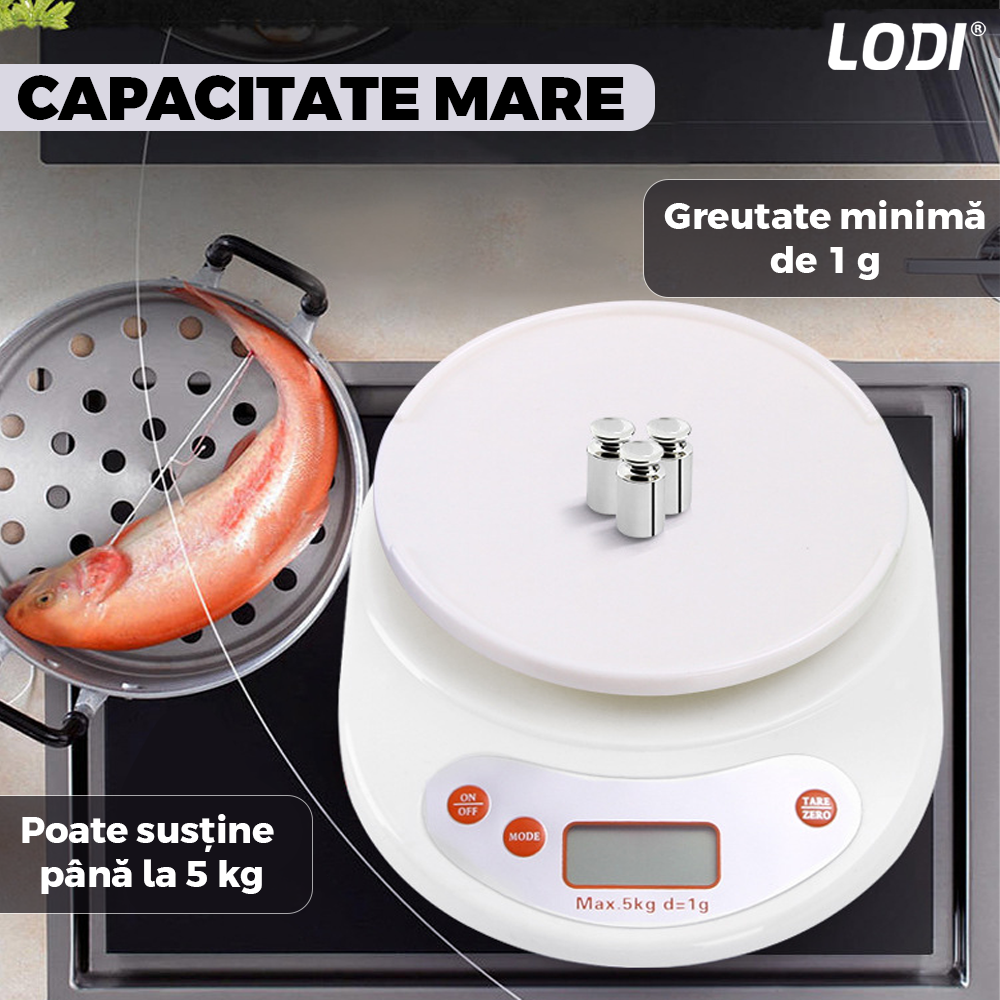 Cantar Electronic de Bucatarie Lodi646, bol inclus, capacitate maxima 5 kg, acuratete 1 g, afisaj digital, resetare la pornire, 3 unitati de masura, functionare cu baterii 2 x AA, alb