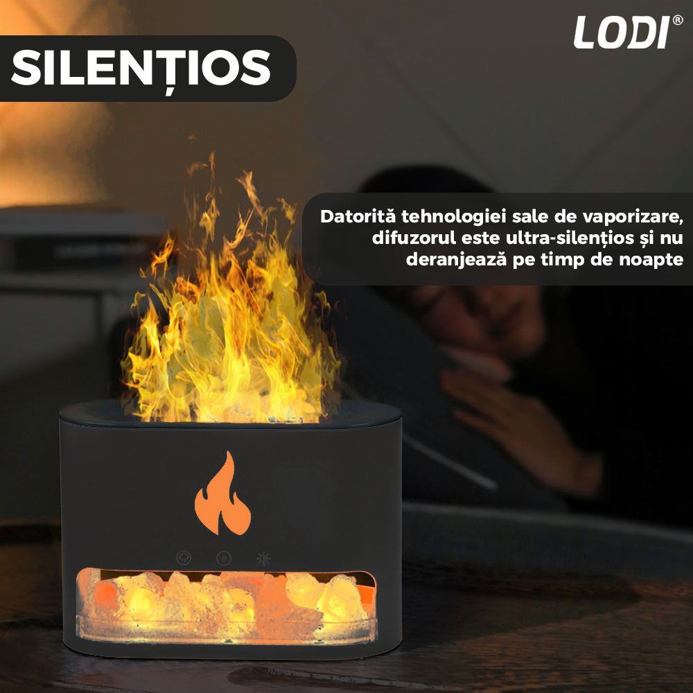 Difuzor Aromaterapie Lodi594, efect flacara, 4 culori LED, capacitate 250ml, cristale de sare de himalaya, silentios, umidifica aerul, negru