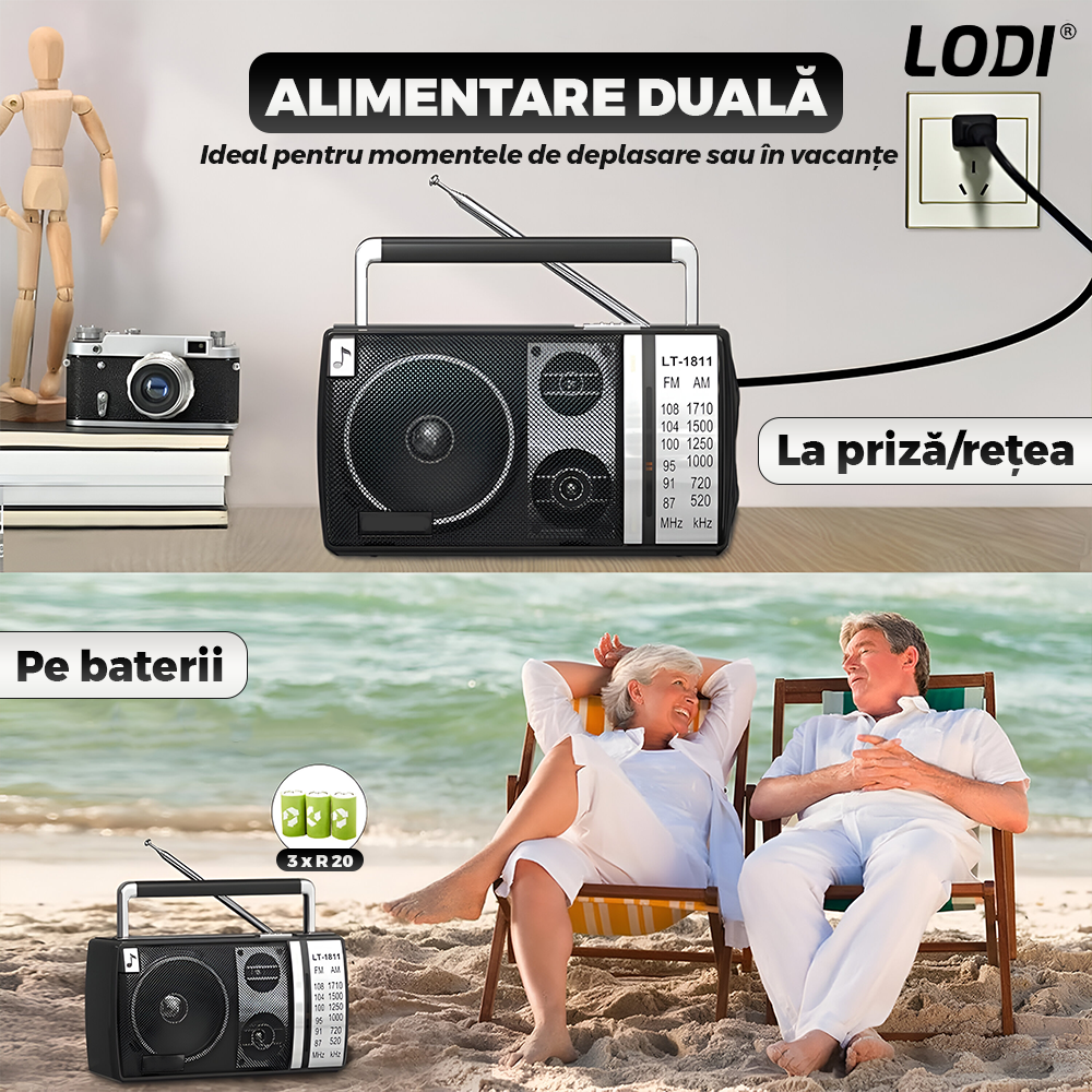 Radio Portabil Lodi1263, FM/AM, mod dual de alimentare, baterii/la priza, receptie ridicata ce prinde posturi regionale/la sate, port jack 3.5 mm, negru
