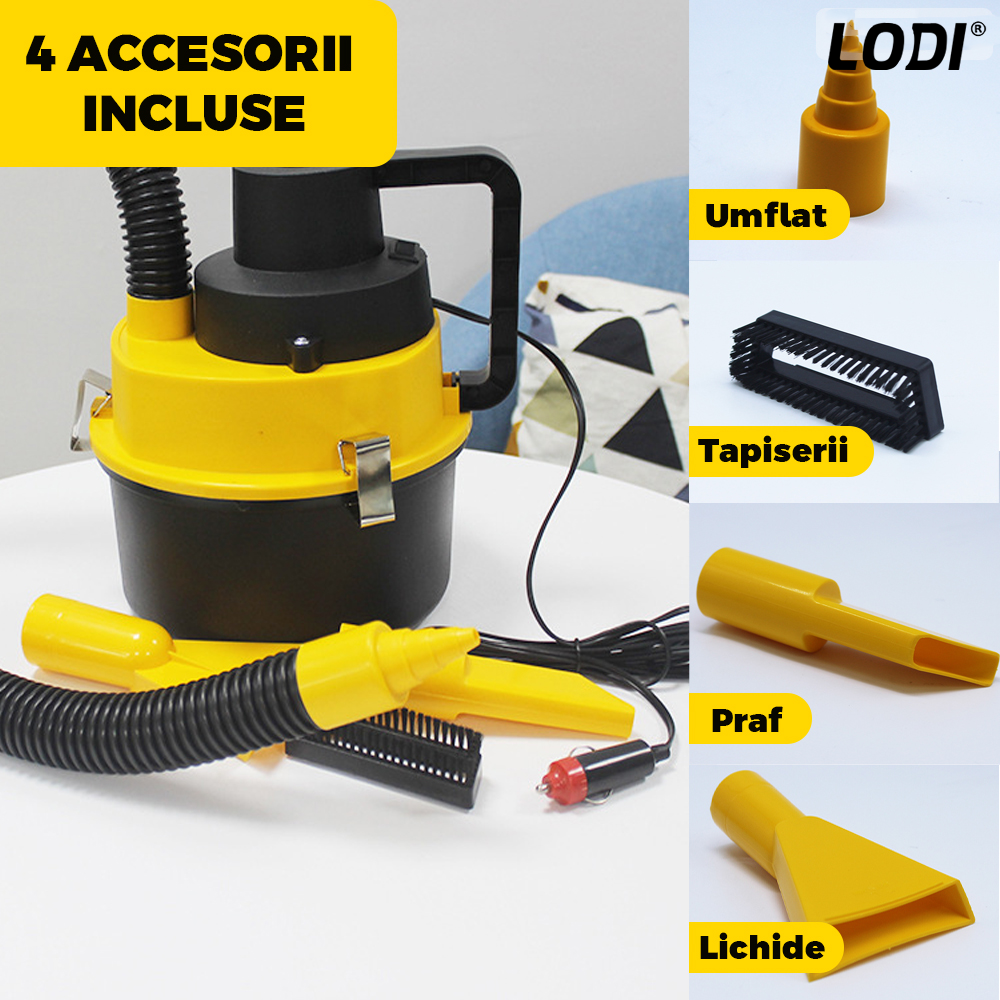 Aspirator Auto Portabil Lodi359, capacitate 3 litri, 120 W, alimentare bricheta auto 12 V, aspirare umed si uscat, 4 accesorii incluse, galben