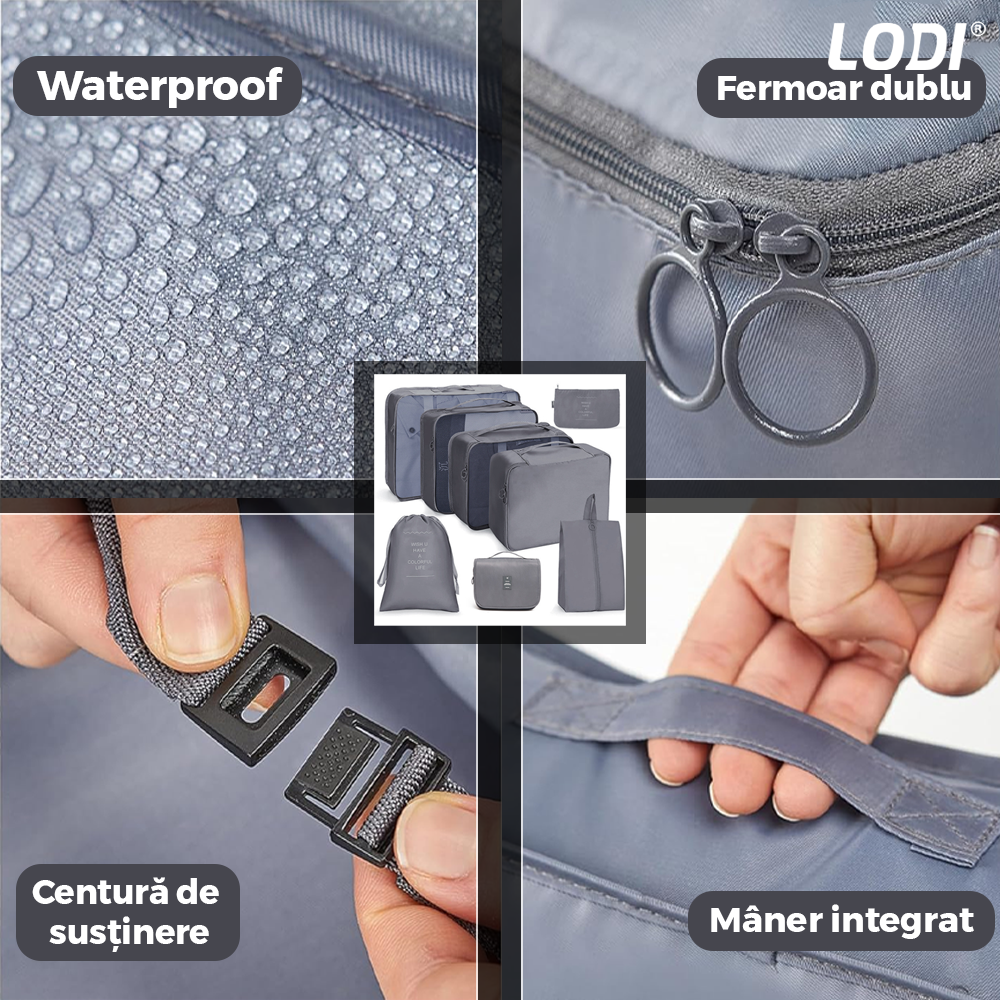 Set 8 Organizatoare Lodi673, pentru calatorie, diferite marimi, 3 genti cu plasa, 1 geanta pentru lenjerie, geanta pentru cosmetice, sac pentru hainele murdare, inchidere cu fermoar dublu, plasa, gri