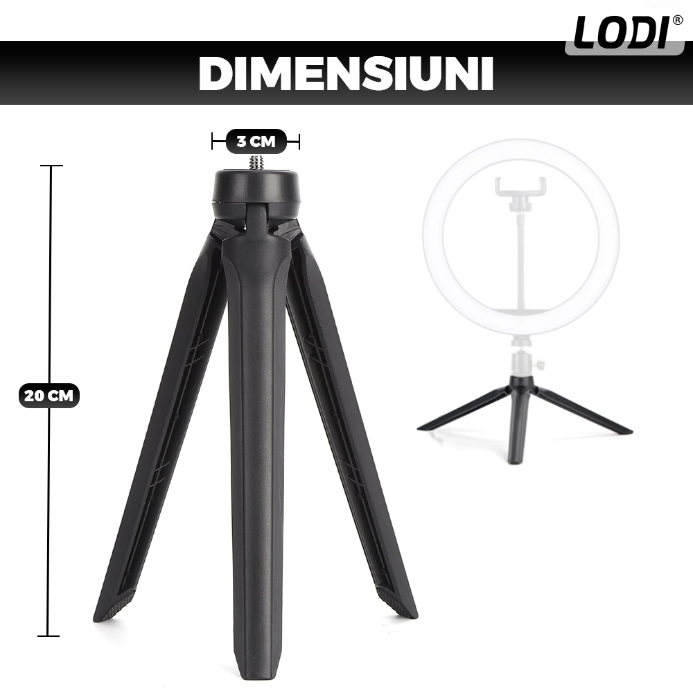 Mini Trepied Lodi1312, pentru telefon, aparat foto, camera video,lampa circulara, materiale calitative, surub universal, picioruse anti-derapante, portabil, ergonomic, 20 x 3 cm, negru