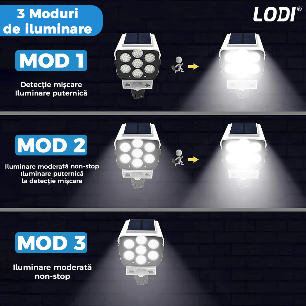 Lampa Solara 77 LED-uri Lodi264, tip camera, senzor de miscare, 3 moduri de iluminare, protectie IP65, Waterproof, exterior, telecomanda, alb