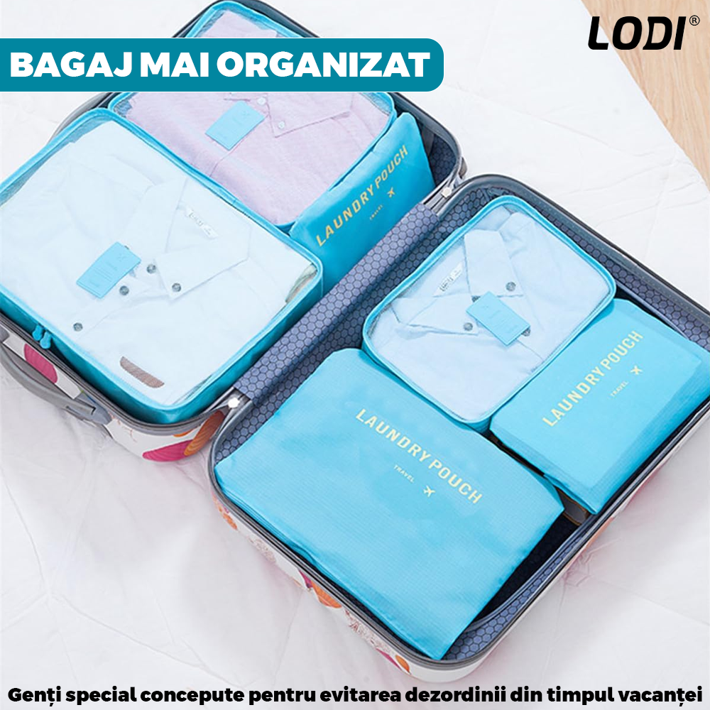 Set 6 Organizatoare Lodi670, pentru calatorie, diferite marimi, bagaj de voiaj, valiza, troler, genti, haine, accesorii, inchidere cu fermoar dublu, plasa, albastru deschis