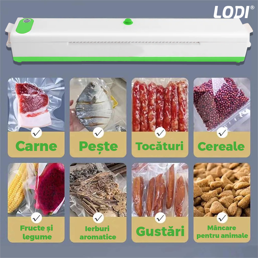 Aparat de Sigilat si Vidat Lodi1311, alimente si obiecte, vidare umeda/uscata/soft, 90W, 220V, portabil, alb/verde