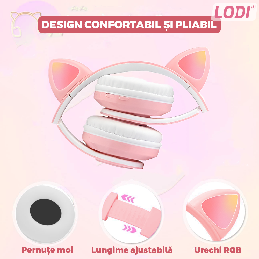 Casti Wireless Model Pisica Lodi949, B39, overear, urechi de pisica cu iluminare RGB, bluetooth 5.0, handsfree, HiFi, bass stereo, roz