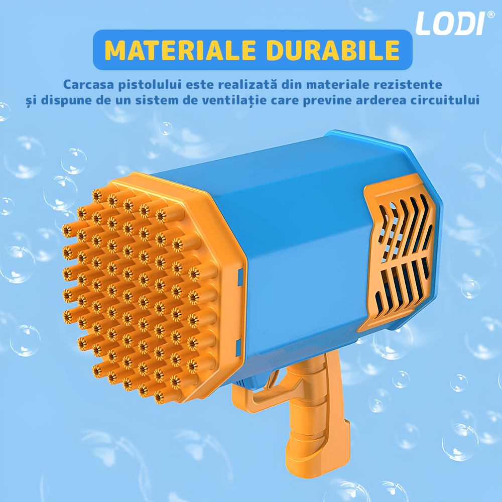 Pistol de Facut Baloane Bubble Gun Lodi1213, tip Bazooka, automat, 69 orificii pentru bule, alimentare cu baterii, albastru/galben