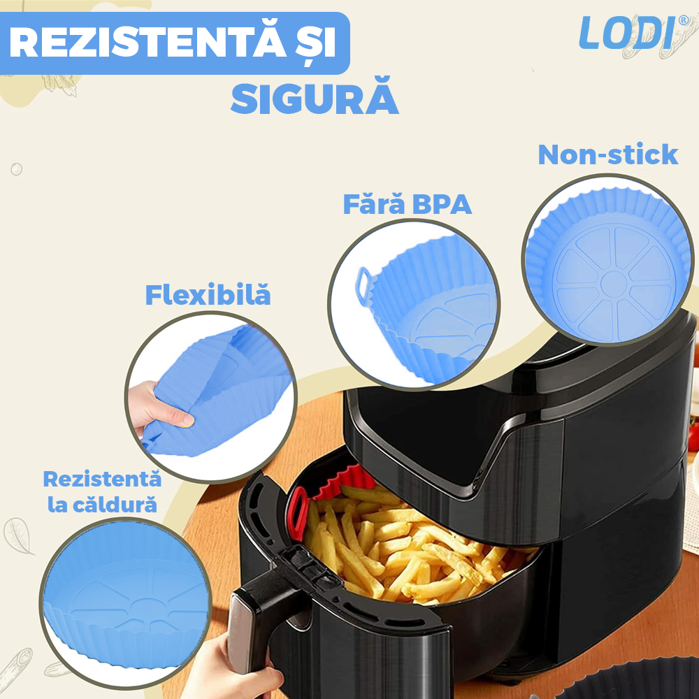 Tava de Copt Rotunda Lodi987, pentru friteuza/cuptor/microunde, antiaderenta, rezistenta la temperaturi inalte, 21 x 17 cm, albastru