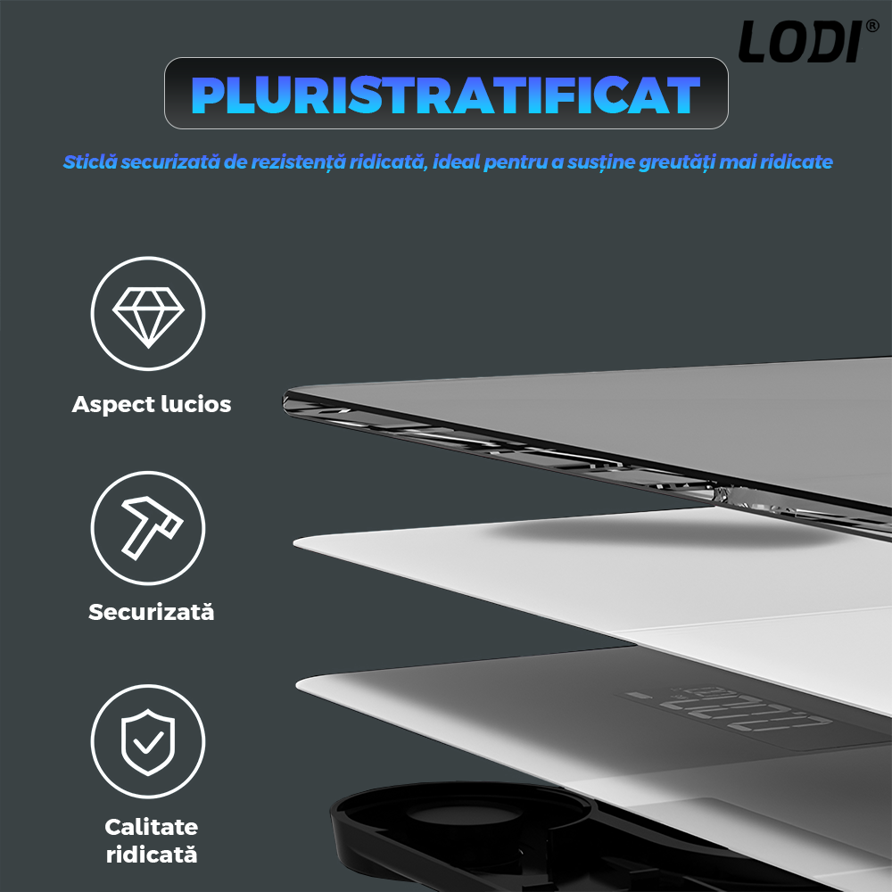 Cantar Electronic Inteligent Lodi1258, pentru baie, corporal, aplicatie smart, indicator greutate/baterie/temperatura, conectare bluetooth, afisaj digital, greutate maxima suportata 180 kg, baterii incluse, negru