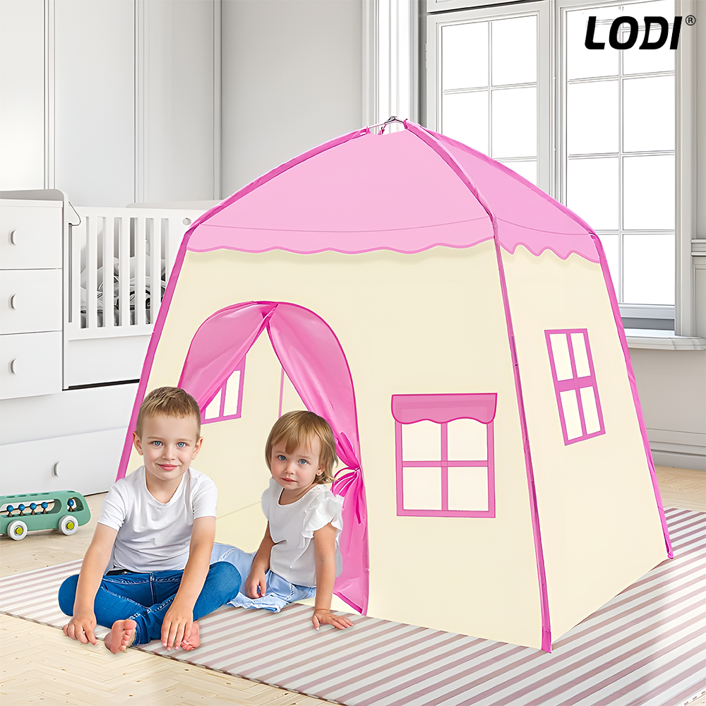 Cort de Joaca pentru Copii tip Casuta Lodi651, covoras inclus cu 2 fete, usa tip perdea, geamuri cu plasa, usor de montat, interior/exterior, roz
