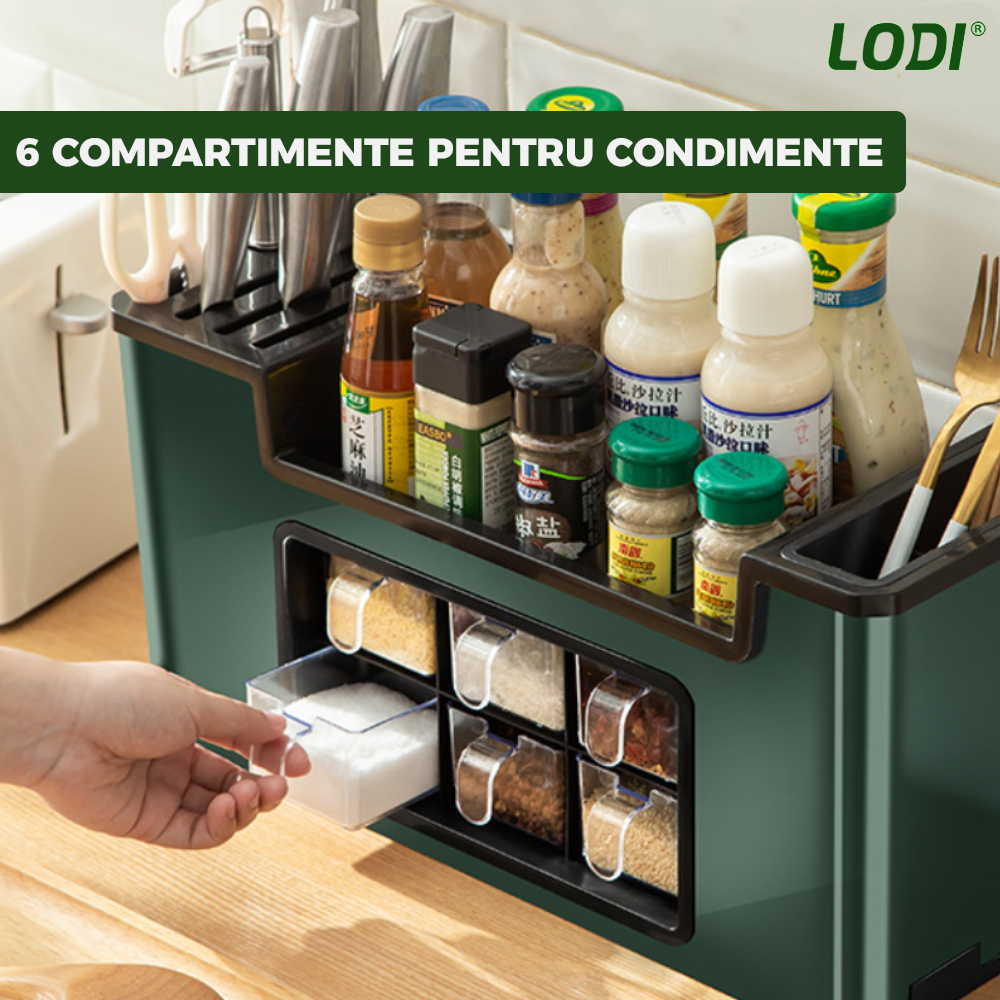 Organizator Multifunctional pentru Bucatarie Lodi533, 6 Compartimente, raft condimente, suport detasabil telefon, tavita de scurgere, suport tacamuri/ustensile, verde