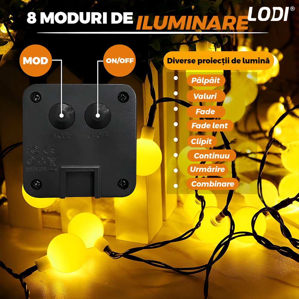 Ghirlanda Solara cu Globuri Lodi1262, 50 de LED-uri, incarcare solara, autonomie ridicata, protectie IP65, 8 moduri de iluminare, 7 metri, alb cald